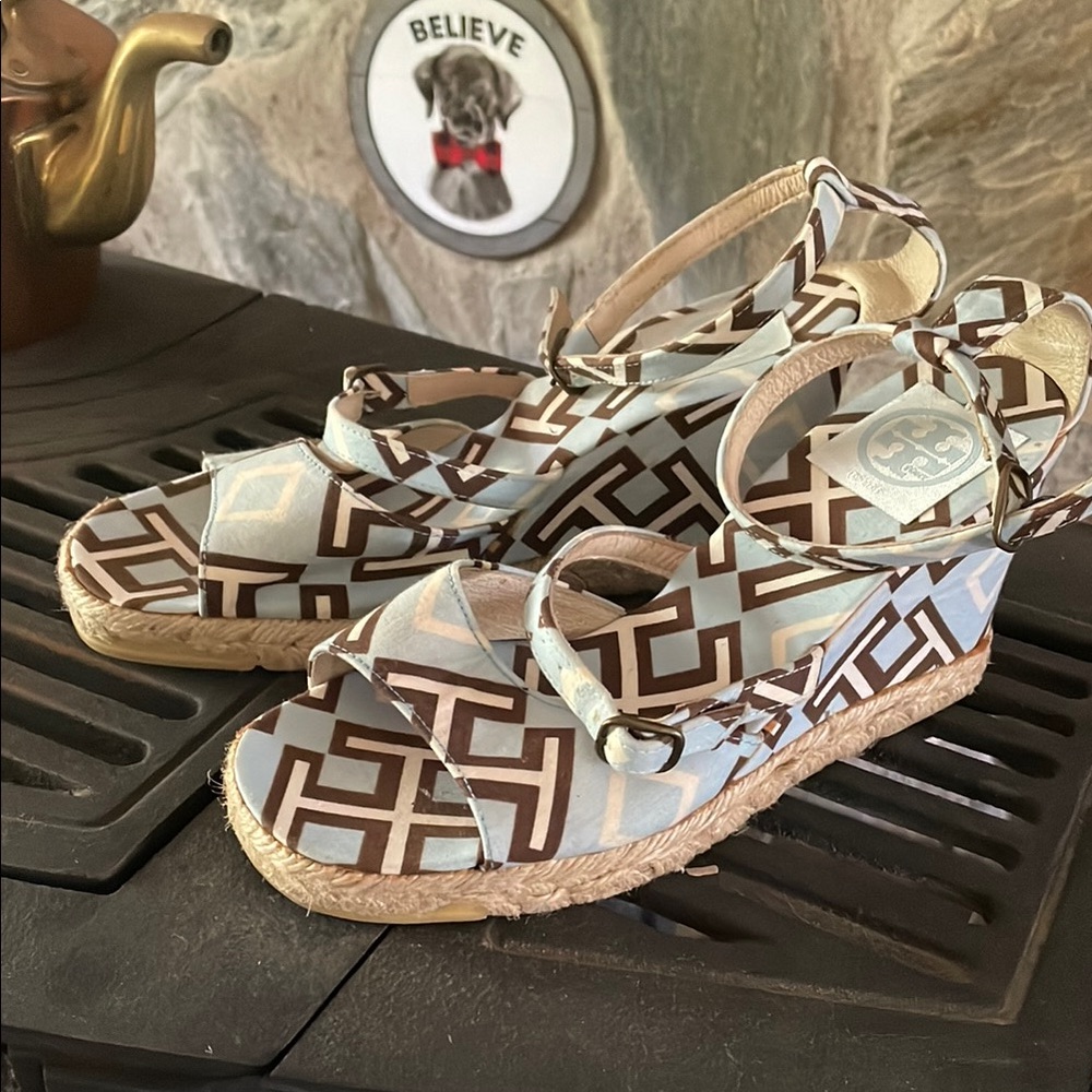 Tory Burch Brown and Blue Espadrilles with Geometric Design